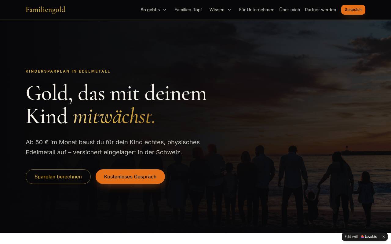 Screenshot der Website Familiengold