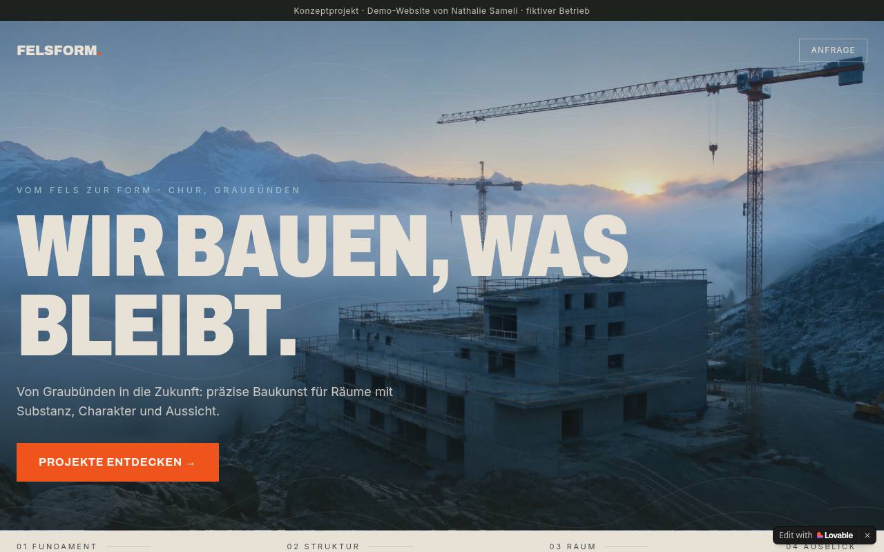 Screenshot der Website FELSFORM Bau AG