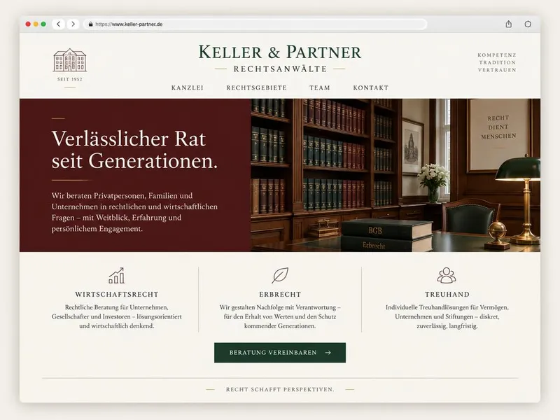 Beispiel-Website im Stil Klassisch & Seriös: Serifenschrift, Bordeaux und Dunkelgrün auf Elfenbein, Bibliothek mit Büchern