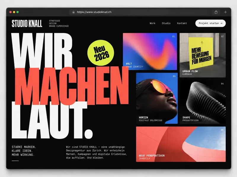 Beispiel-Website im Stil Kreativ & Modern: schwarzer Hintergrund, riesige Schrift in Weiss und Korallenrot, bunte Projektkacheln