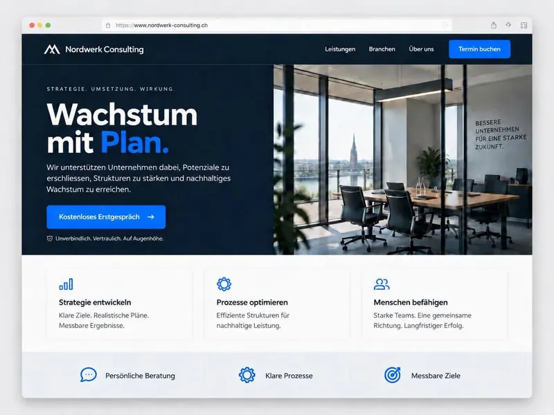 Beispiel-Website im Stil Modern Business: dunkelblaue Navigation, klare Headline und gut sichtbarer Button für ein Erstgespräch