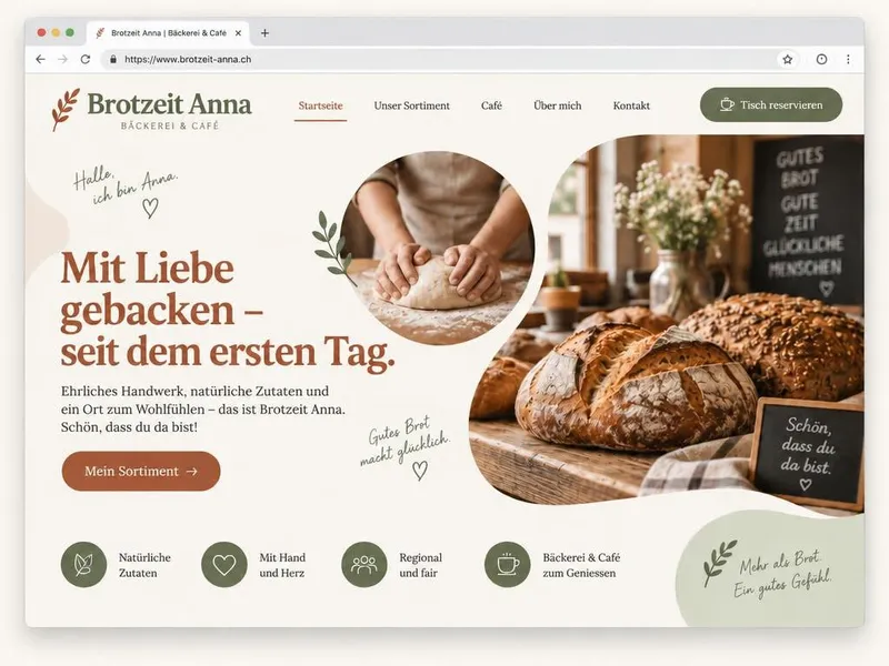 Beispiel-Website im Stil Natürlich & Warm: cremefarbener Hintergrund, Terrakotta-Schrift und Fotos von frischem Brot
