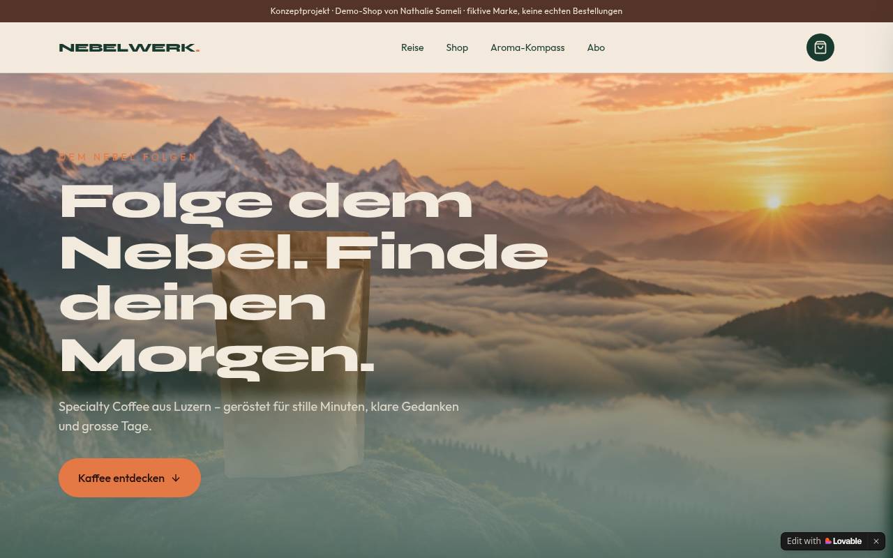 Screenshot der Website Nebelwerk Kaffeewelt