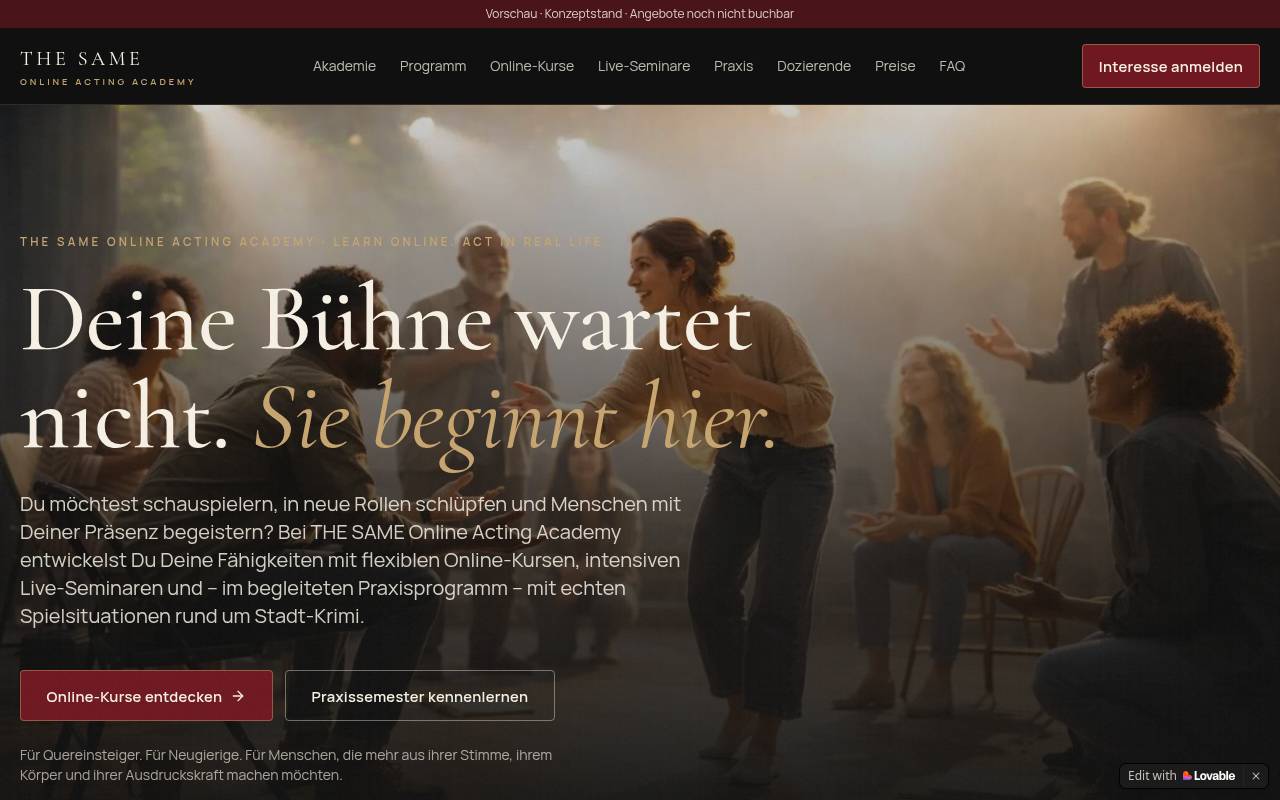 Screenshot der Website THE SAME Acting Academy