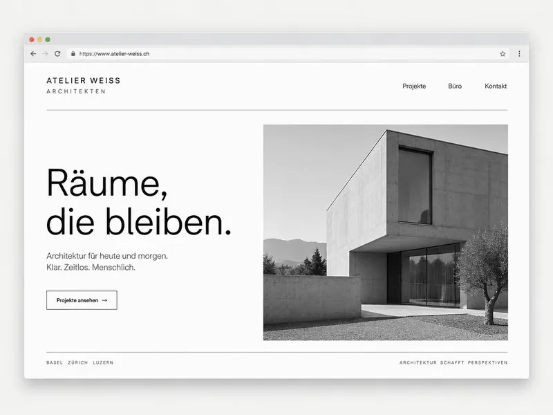 Beispiel-Website im Stil Swiss Minimal: viel Weissraum, schwarze Grotesk-Schrift und ein Architekturfoto in Schwarz-Weiss